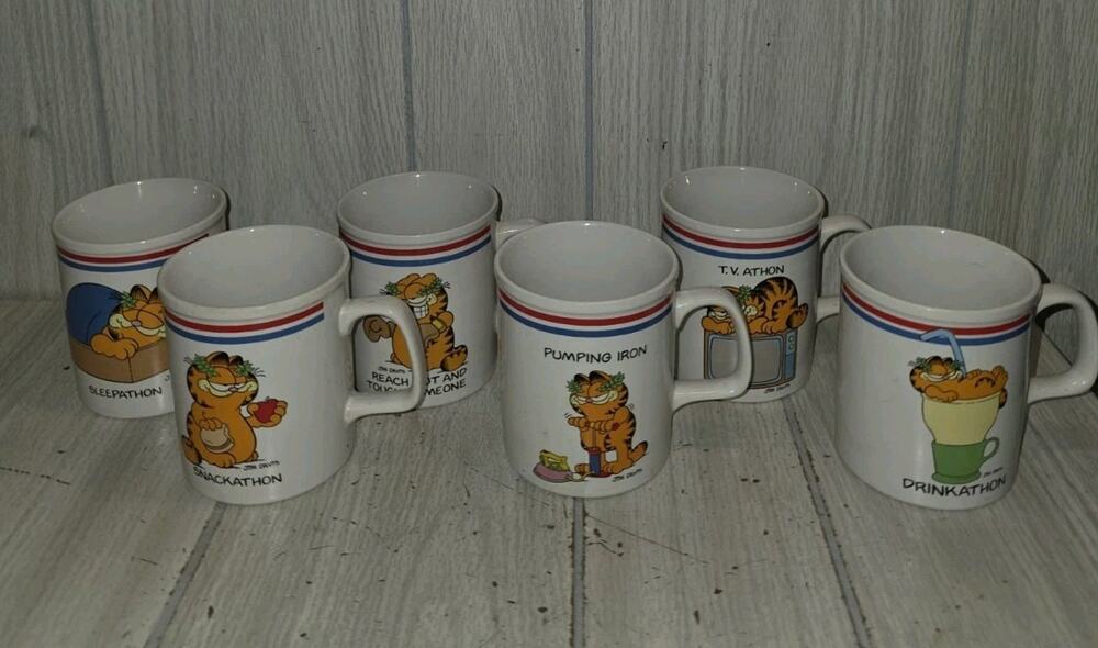 Vtg 1978 Garfield Coffee Mugs 6 SNACKATHON The Games Cats Play Enesco Olympics